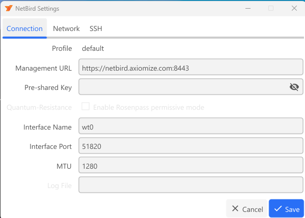 NetBird Settings dialog showing the Management URL field set to https://netbird.axiomize.com:8443